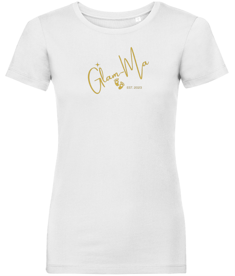 Glam-Ma, Est, Gold Logo, Women's, Organic Ring Spun Cotton, Contemporary Shaped Fit T-Shirt, Choose Your Year