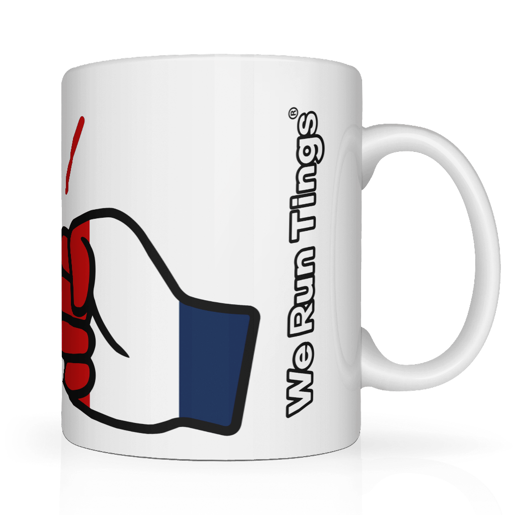 We Run Ting Guadeloupe microwave safe tea coffee white dishwasher safe ceramic mug. Side view