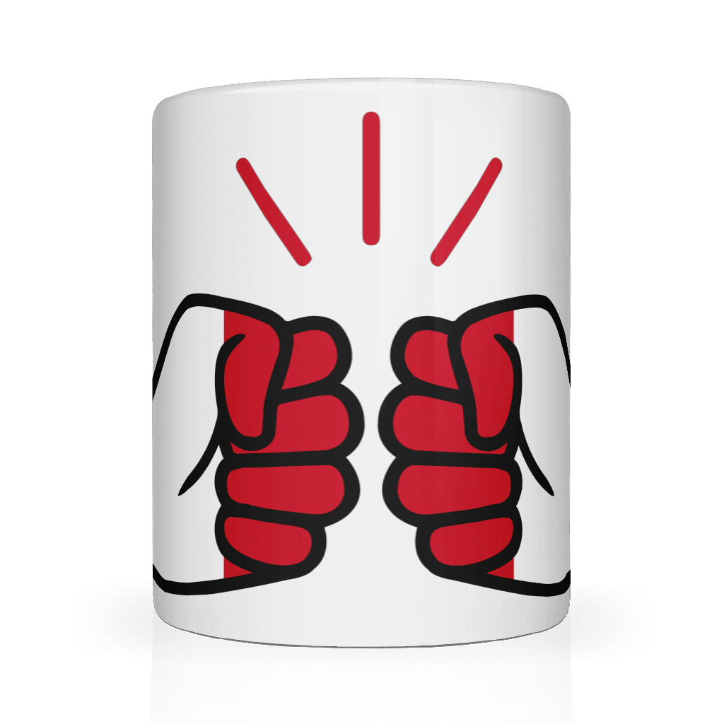 A white ceramic mug with a graphic design of clenched fists and a lightning bolt.