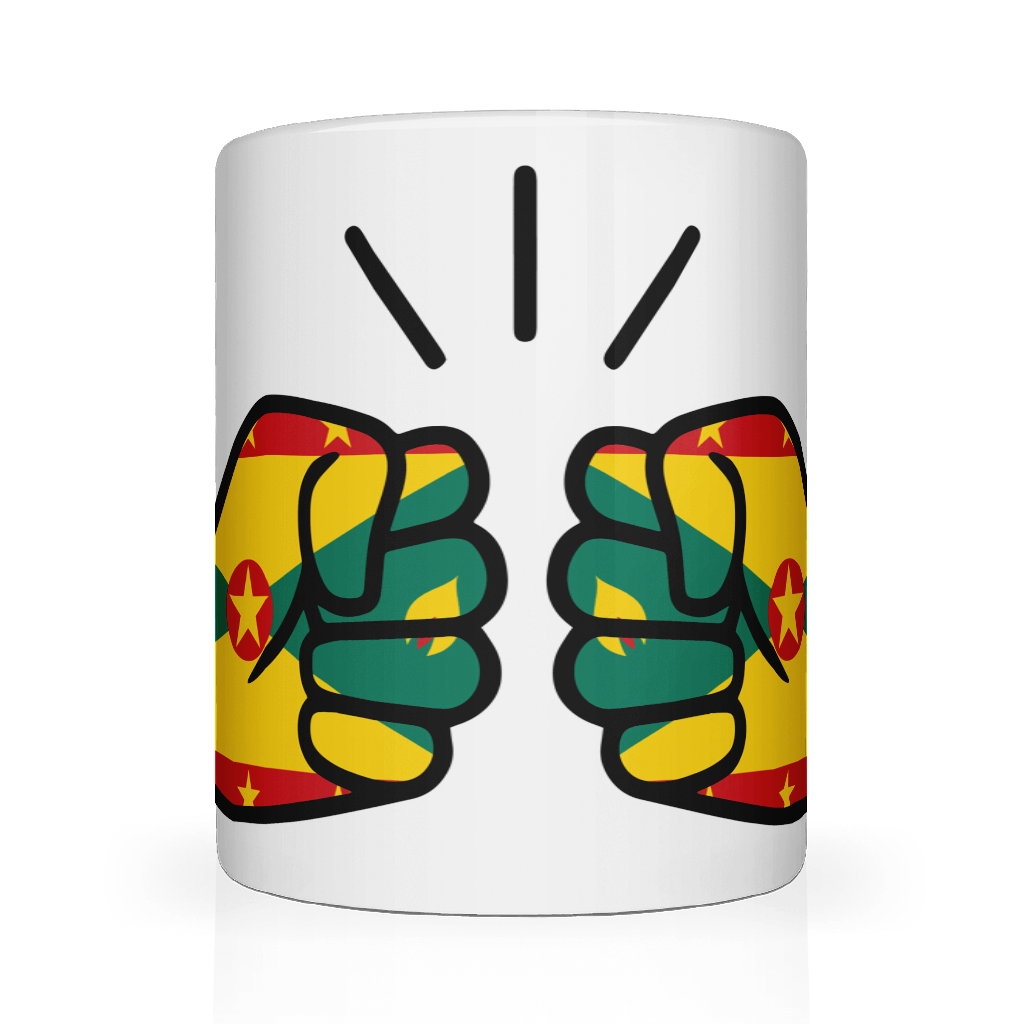 A white ceramic mug with a glossy finish featuring a graphic design of two hands making a peace sign, set against a yellow and green background with star motifs.