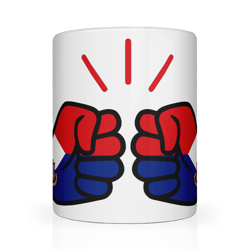 A glossy white ceramic mug with a graphic design of two clenched fists in red and blue colors, representing the St. Martin flag, and the We Run Tings logo.