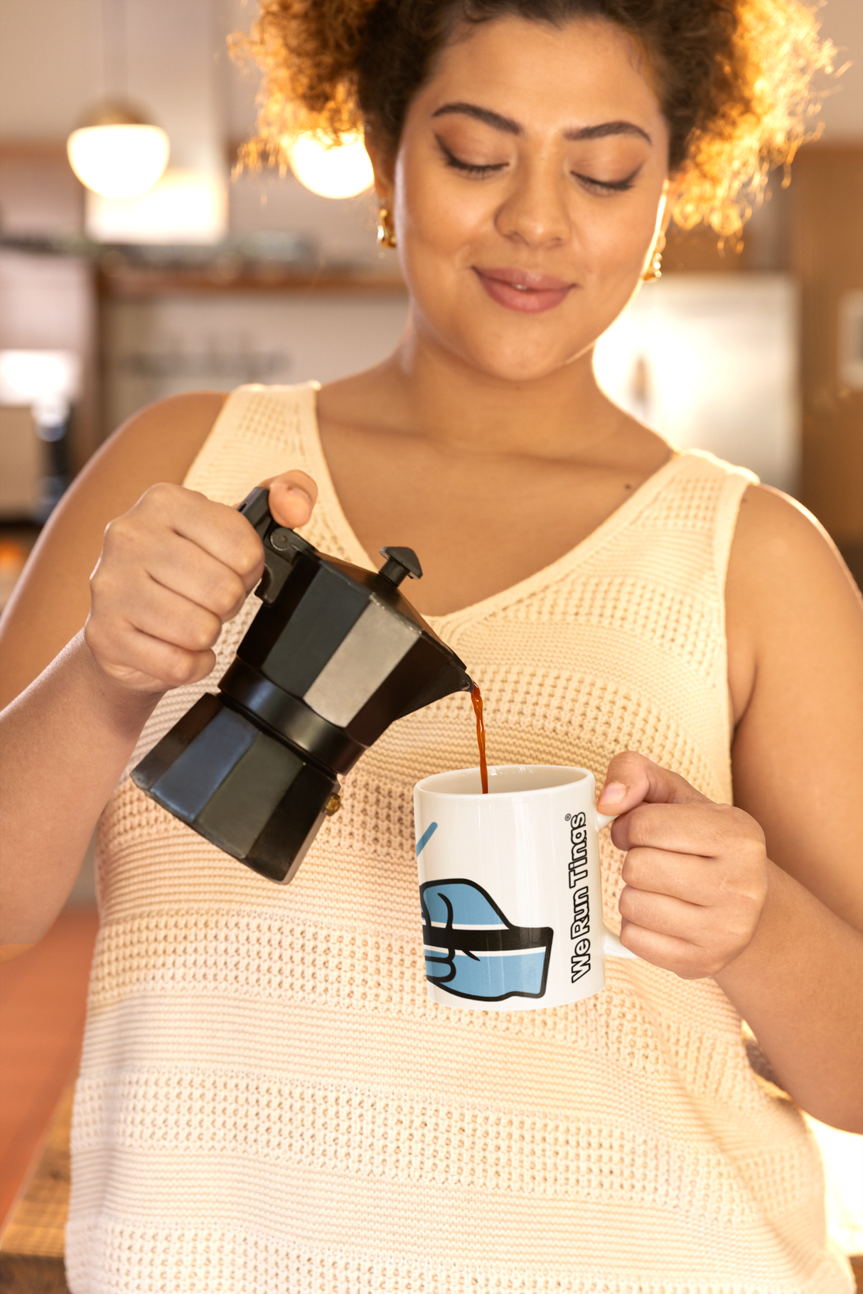 Woman pouring coffee into a mug featuring the We Run Tings Botswana Flag