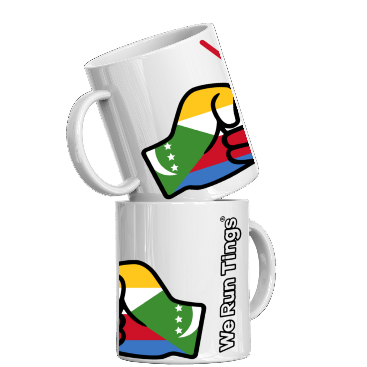 Two We Run Tings white mugs with a colorful design of the Comoros flag and text on a white background