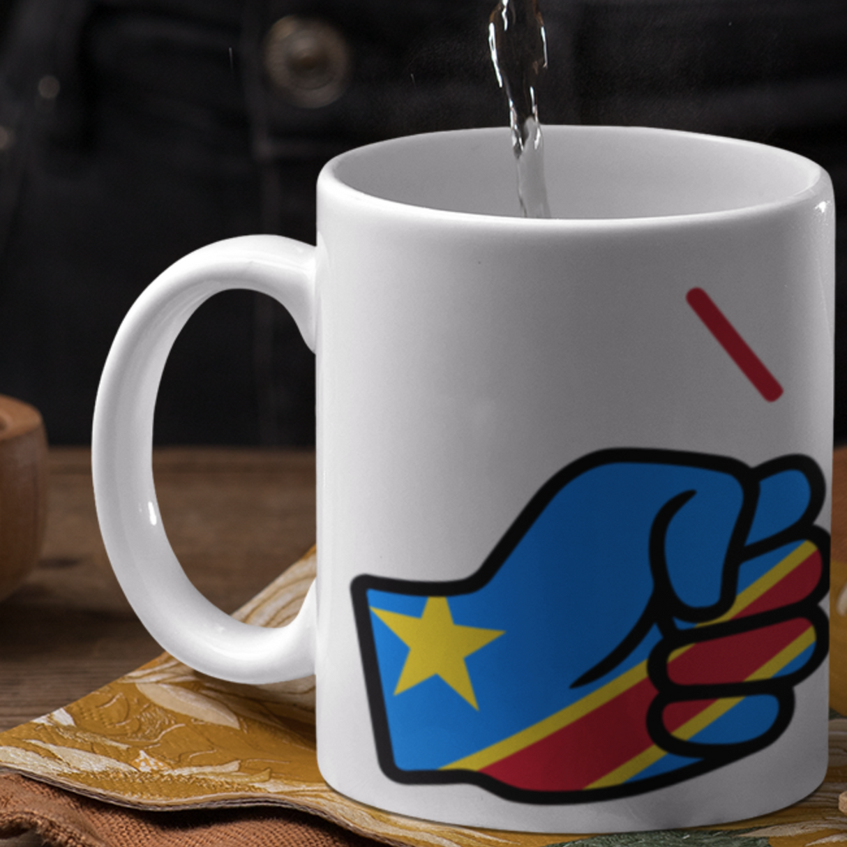Teapot pouring hot water into a white We Run Tings The Democratic Republic of The Congo (DRC) themed mug