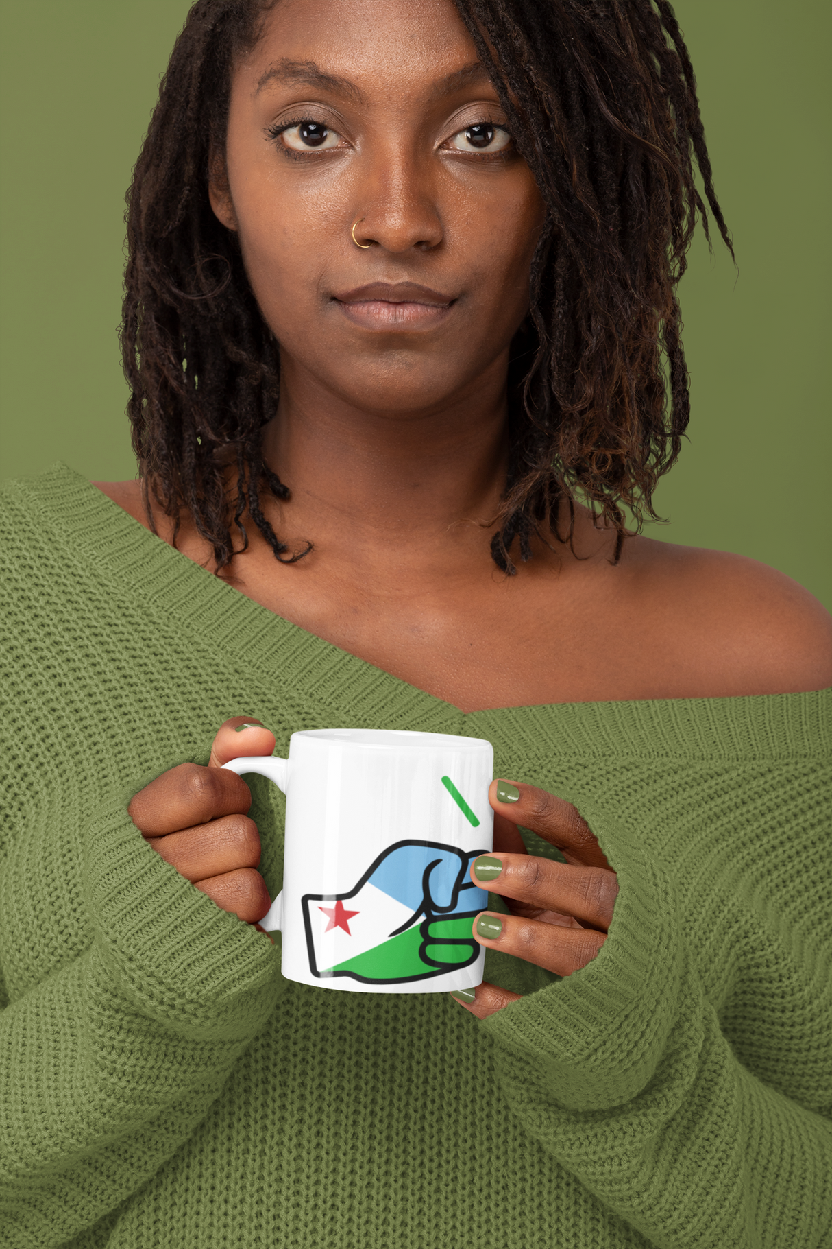 Woman holding a white ceramic We Run Tings Djibouti coffee mug against a green background
