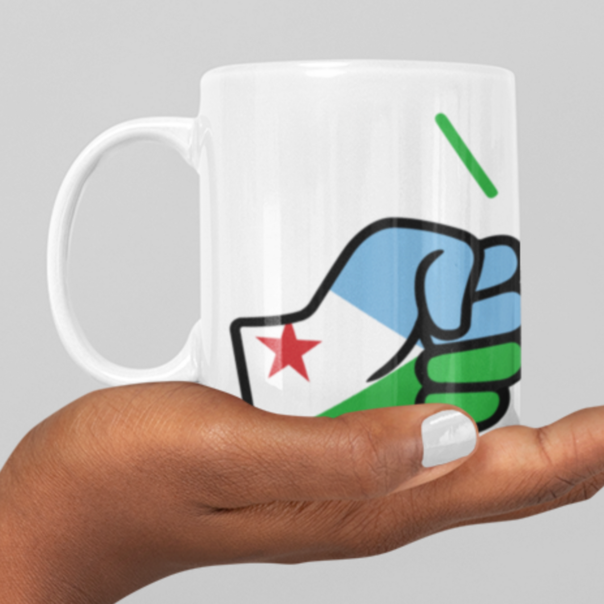 White ceramic coffee mug with a logo of We Run Tings Djibouti. Held by a hand against a gray background