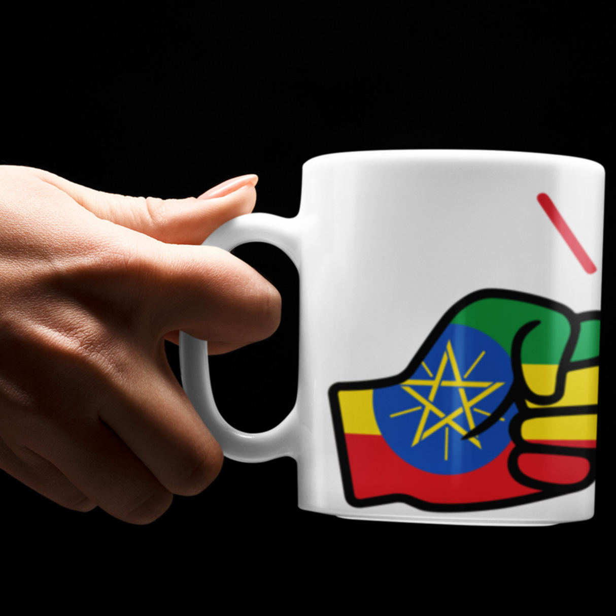 Hand holding a We Run Tings Ethiopia mug with a colorful design on a black background