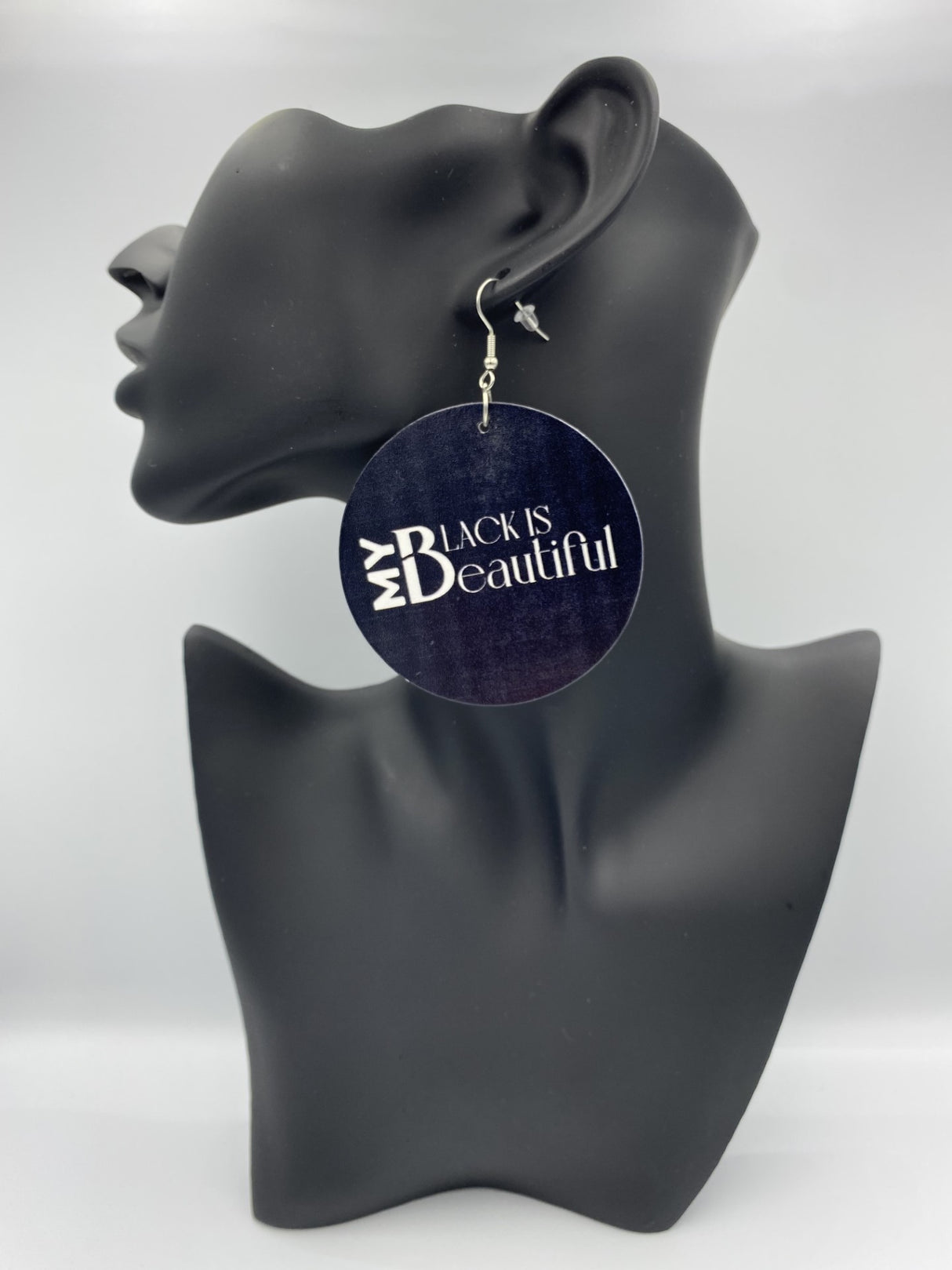 My Black Is Beautiful, Flat Round Disc Earrings, White Logo, 6.5cm
