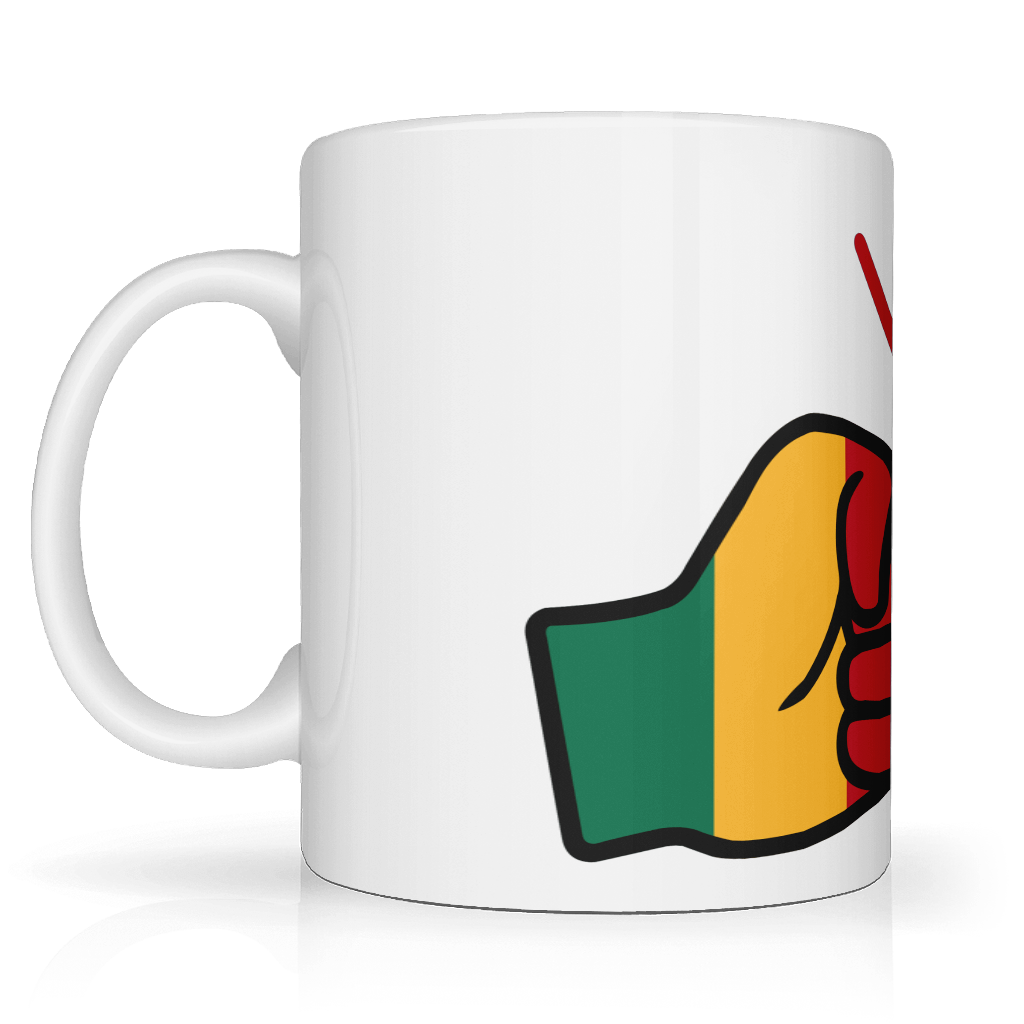 We Run Tings Mail themed white ceramic coffee, tea mug, cup featuring the national flag within the brand logo. Side view