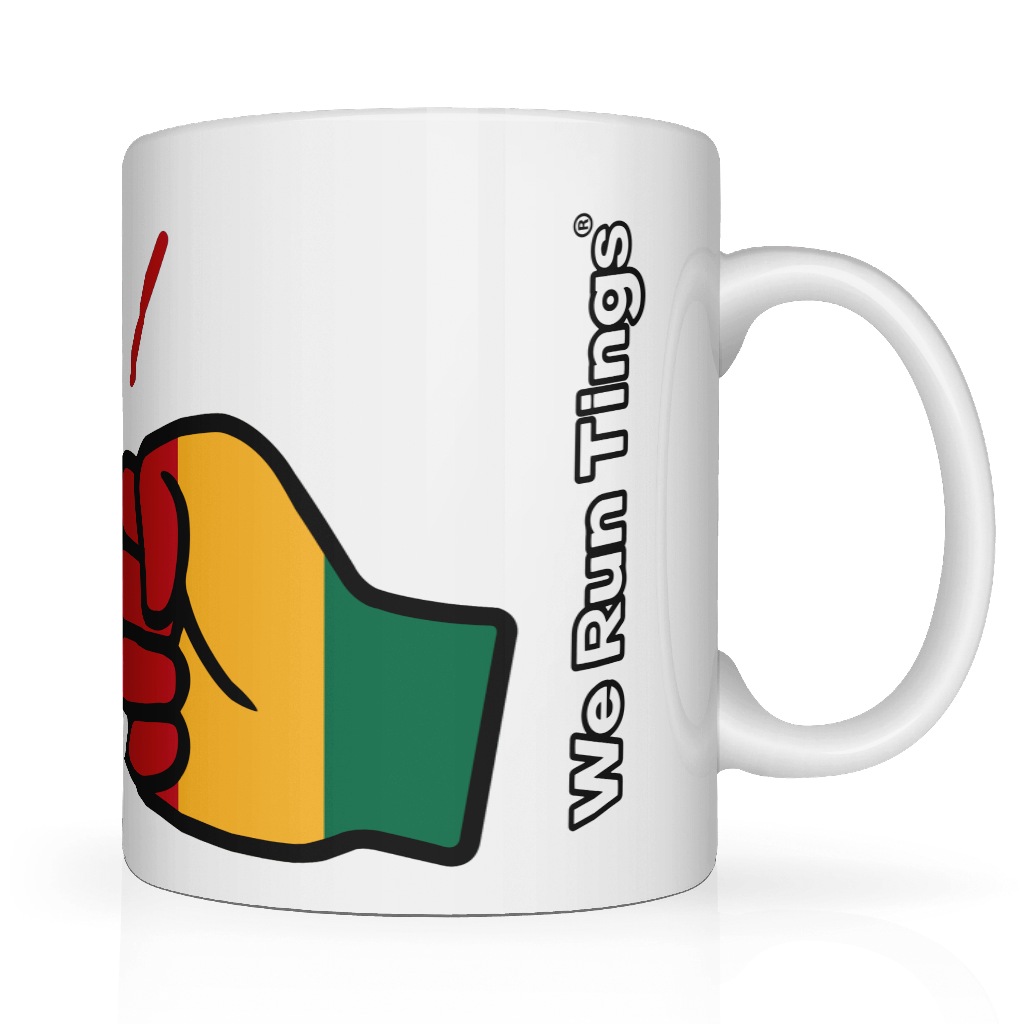 We Run Tings Mail themed white ceramic coffee, tea mug, cup featuring the national flag within the brand logo. Side view showing the words We Run Tings