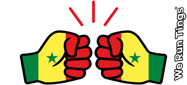 Two fists with Senegalese flag colors designed in the We Run Tings logo, featuring a star and green and yellow colors, on a white background.