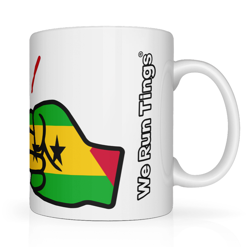 São Tomé and Príncipe We Run Tings mug. Premium white 11oz ceramic mug featuring the flag design. Dishwasher & microwave safe. Side view showing the wording of the brand We Run Tings