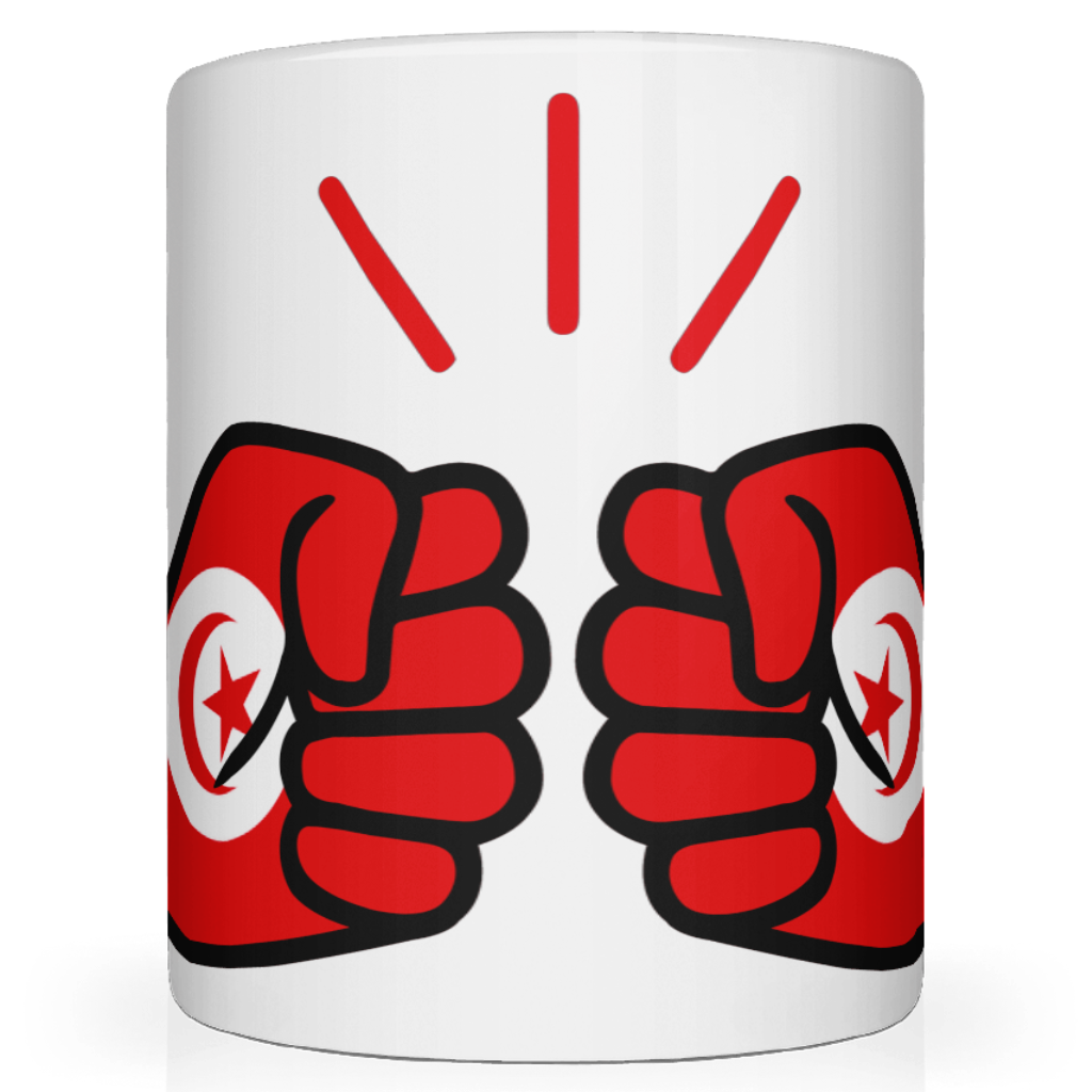 A glossy white ceramic mug with a graphic design of the flag and fist and a star, representing Tunisia, on the side.