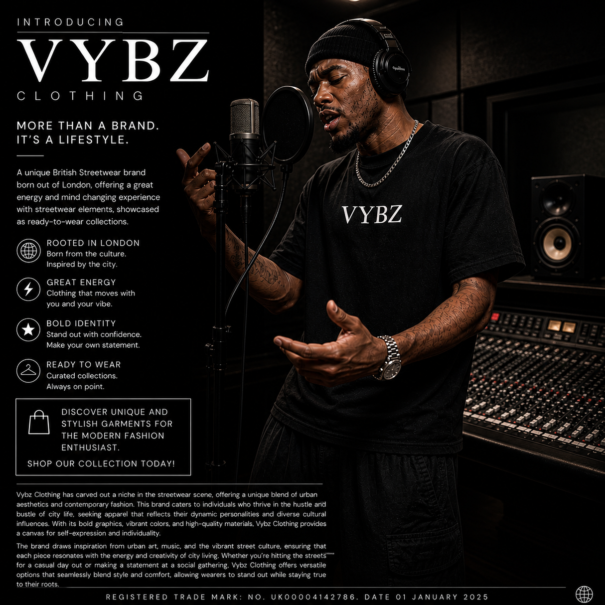 Man in a recording studio wearing a VYBZ shirt with promotional text about the brand.