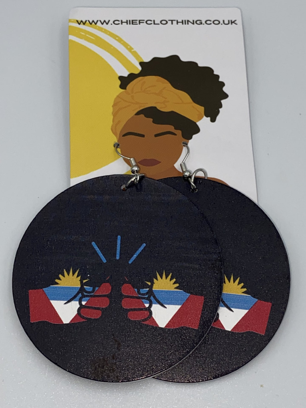 We Run Tings, Antigua and Barbuda, Flat Round Wood Disc Earrings, 6.5cm