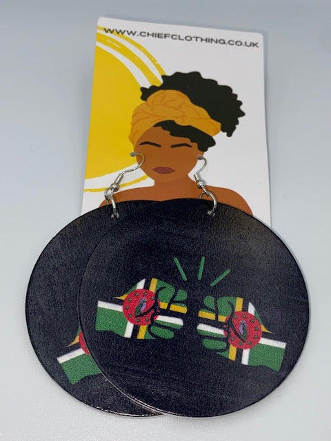 We Run Tings, Dominica, Flat Round Wood Disc Earrings, 6.5cm