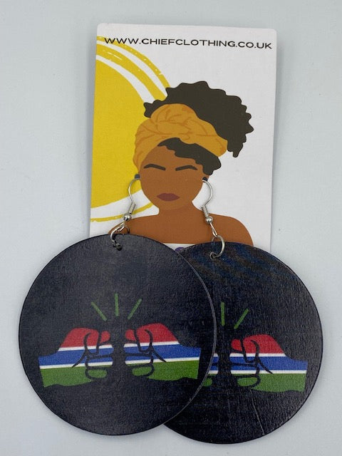 We Run Tings, Gambia, Flat Round Wood Disc Earrings, 6.5cm