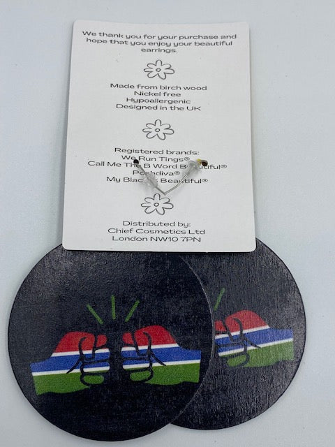 We Run Tings, Gambia, Flat Round Wood Disc Earrings, 6.5cm