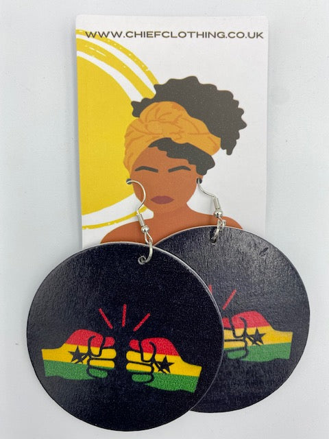 We Run Tings, Ghana, Flat Round Wood Disc Earrings, 6.5cm