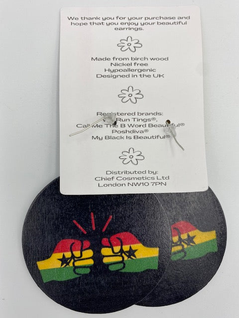 We Run Tings, Ghana, Flat Round Wood Disc Earrings, 6.5cm