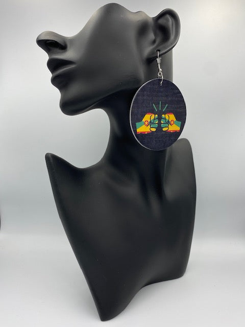 We Run Tings, Grenada, Flat Round Wood Disc Earrings, 6.5cm
