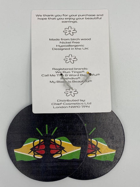 We Run Tings, Guyana, Flat Round Wood Disc Earrings, 6.5cm
