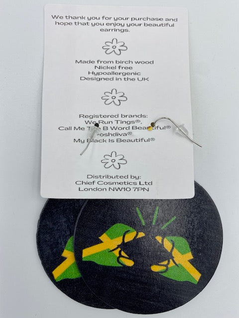We Run Tings, Jamaica, Flat Round Wood Disc Earrings, 6.5cm (Black)