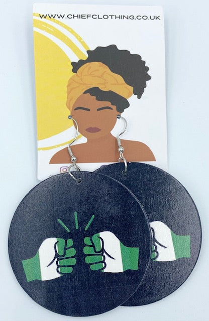 We Run Tings, Nigeria, Flat Round Wood Disc Earrings, 6.5cm