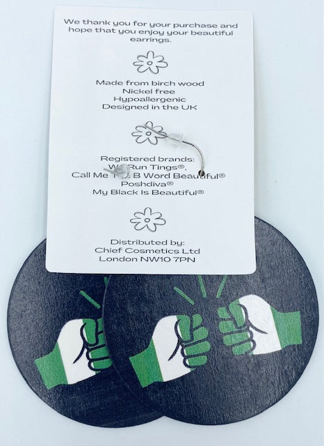 We Run Tings, Nigeria, Flat Round Wood Disc Earrings, 6.5cm