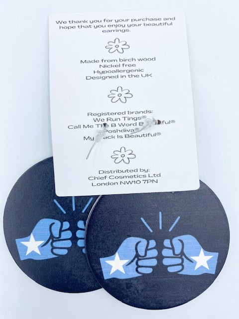 We Run Tings, Somalia, Flat Round Wood Disc Earrings, 6.5cm (Black)