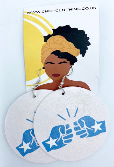 We Run Tings, Somalia, Flat Round Wood Disc Earrings, 6.5cm (White)