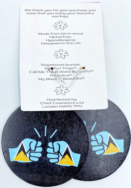 We Run Tings, St. Lucia, Flat Round Wood Disc Earrings, 6.5cm