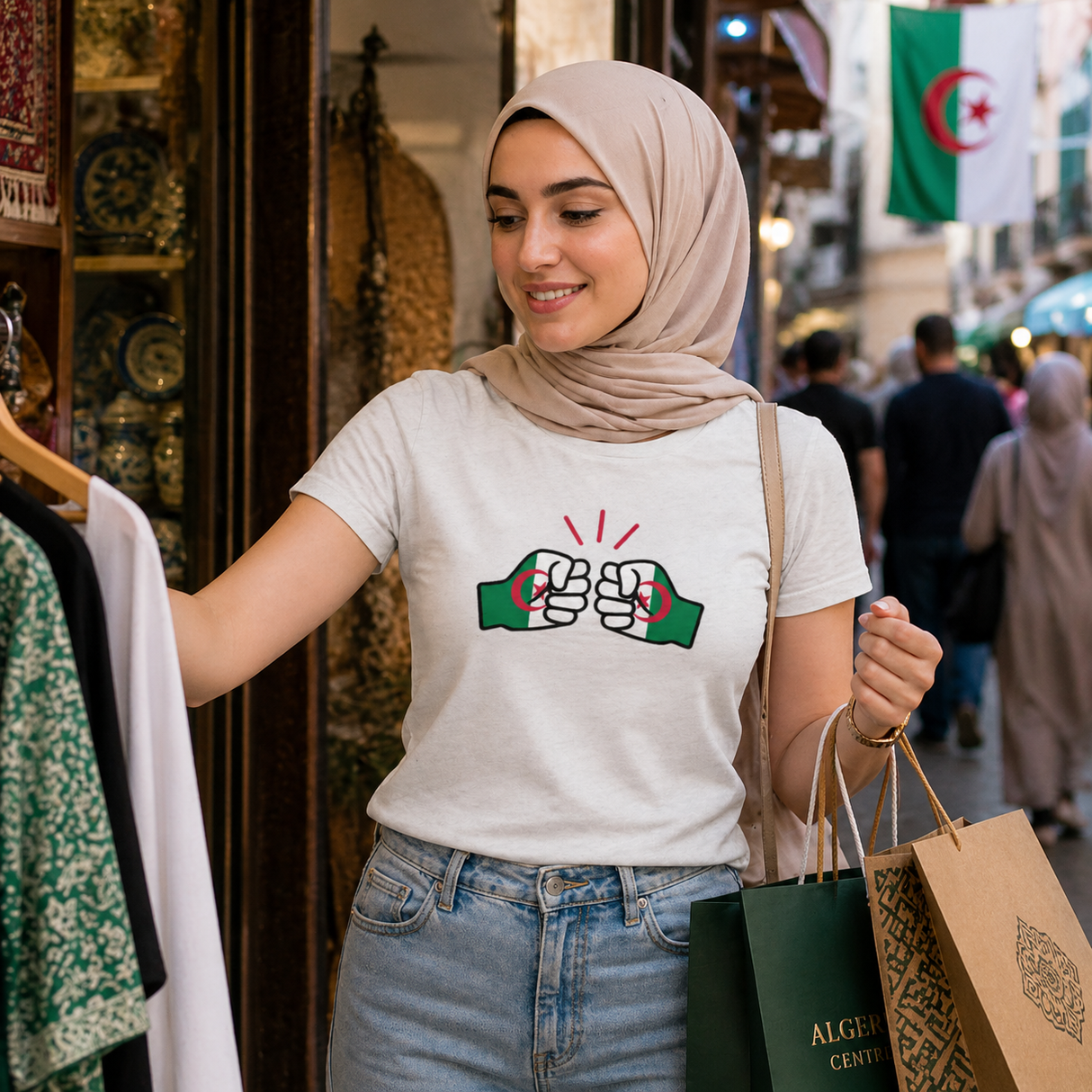 Woman wearing a white t-shirt with the We Run Tings graphic design, standing in a market area with flags in the background.