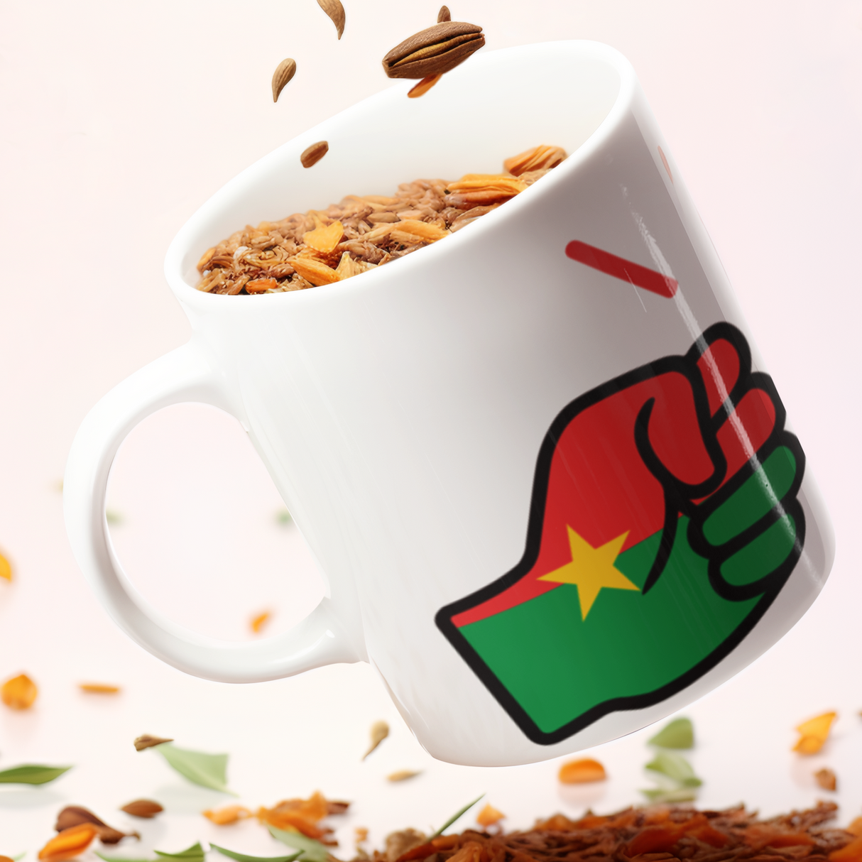 We Run Tings, Burkina Faso Mug. White ceramic glossy cup featuring the flag of Burkina Faso White mug with a colorful fist design filled with granola, surrounded by scattered granola pieces on a light background.