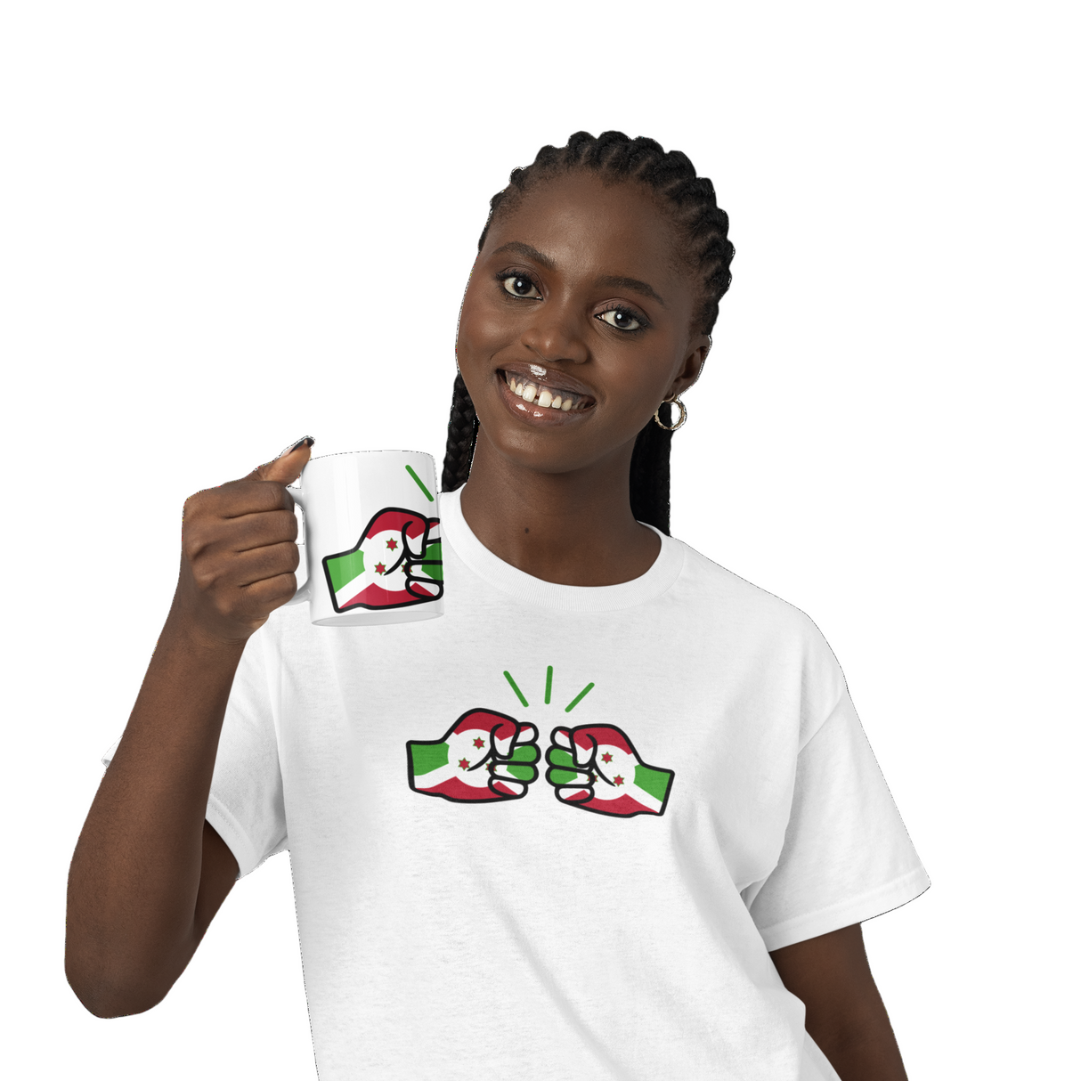 Woman holding a coffee mug and wearing a white t-shirt featuring We Run Tings Logo and Burundi flag, giving a thumbs-up gesture.