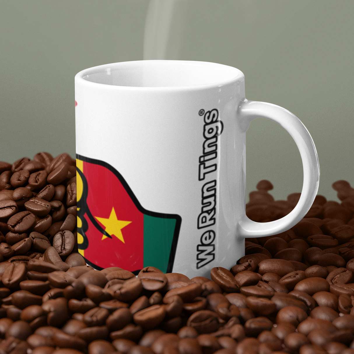 We Run Tings White mug with a flag of Cameoron on coffee beans