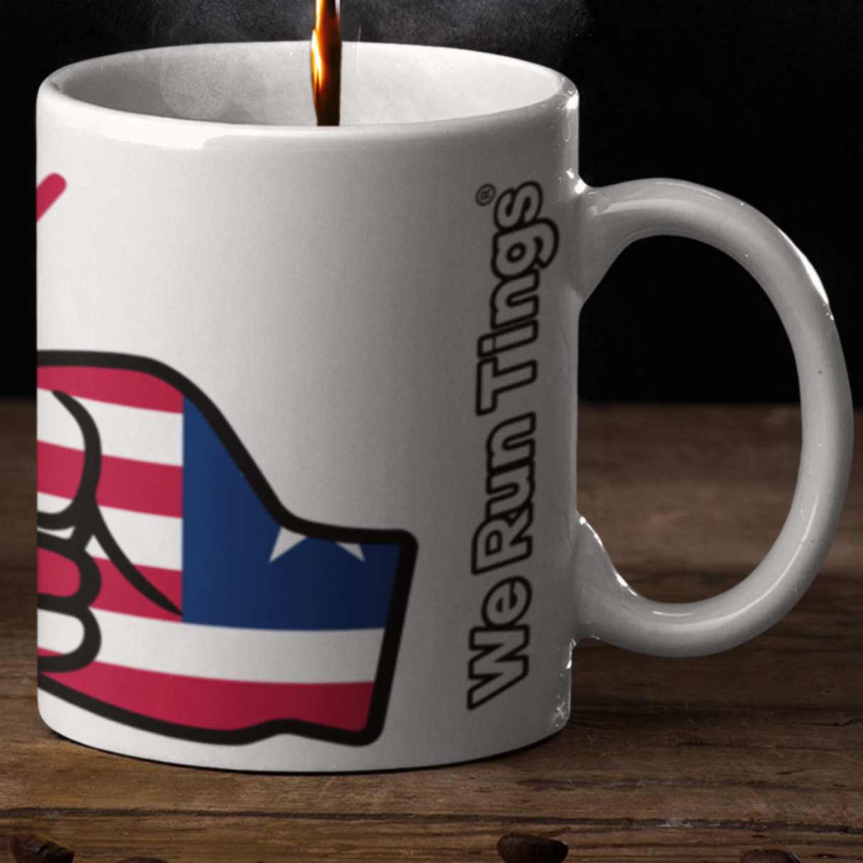 White We Run Tings Liberia ceramic coffee mug with the Liberian flag design and 'We Run Things' text, filled with steaming coffee. Side view
