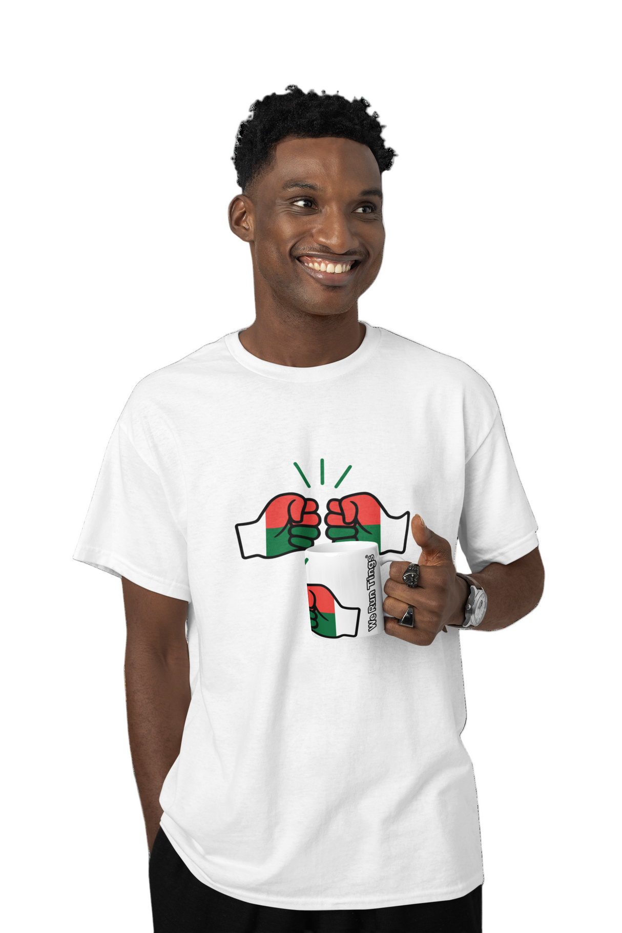 Man smiling wearing a white t-shirt with a graphic We Run Tings Madagascar logo and holding a ceramic coffee mug in the same design on a white background