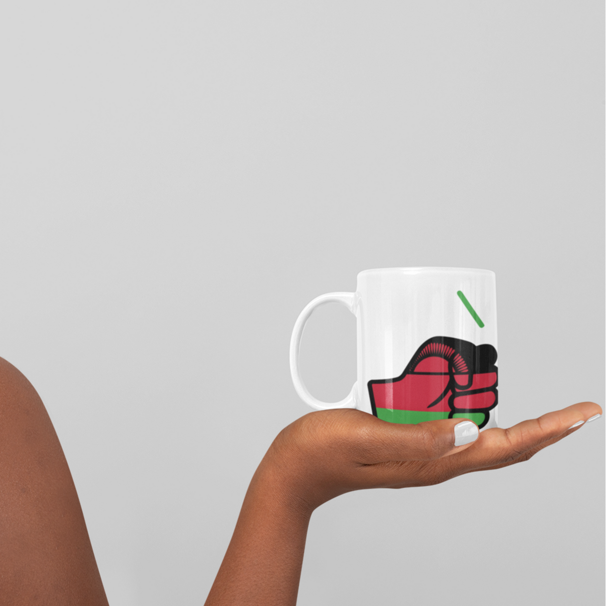 Woman holding a We Run Tings Malawi tea, coffee mug, cup, with a design on a plain background