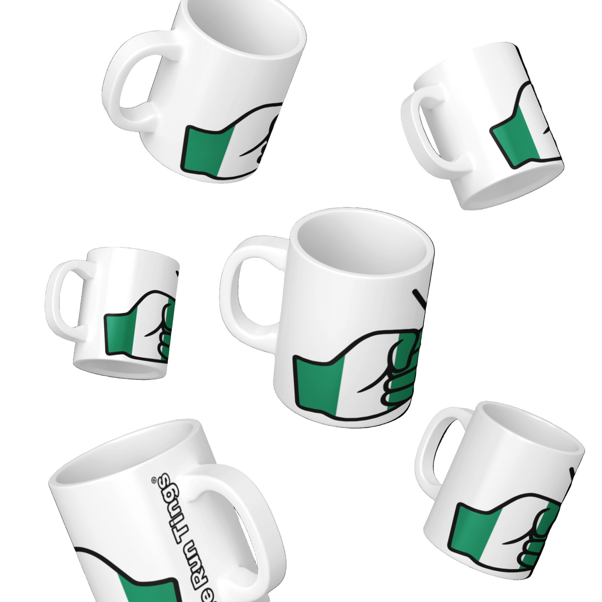 Various White We Run Tings ceramic tea, coffee mugs, cups with the We Run Tings logo displaying the flag of Nigeria on a white background