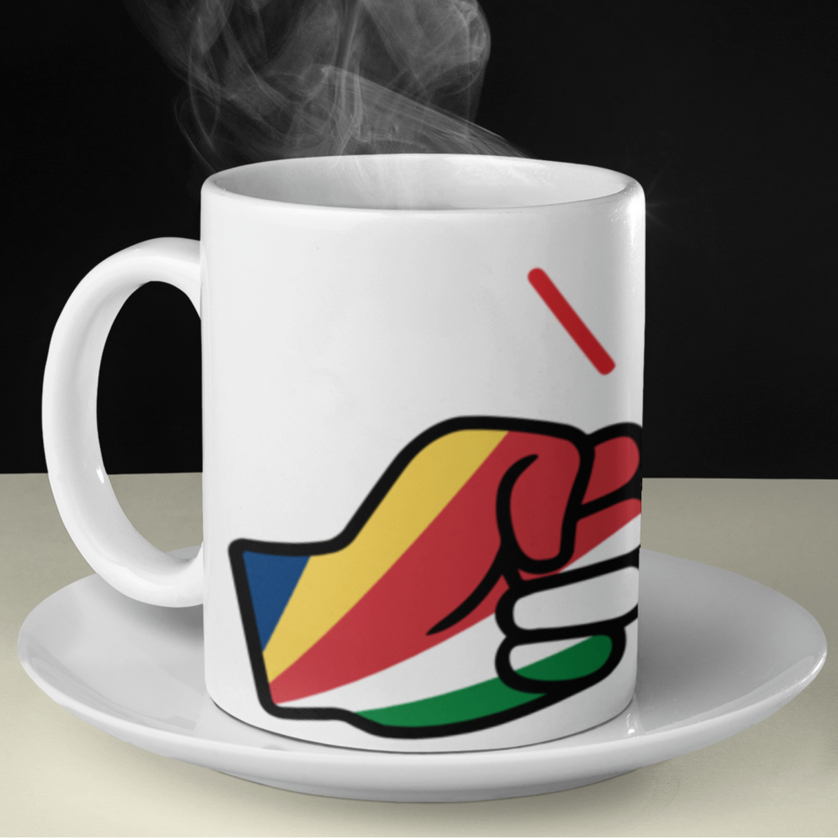 White glossy ceramic mug with colorful We Run Tings logo with the flag of Seychelles design on a white plate with steam rising, black background