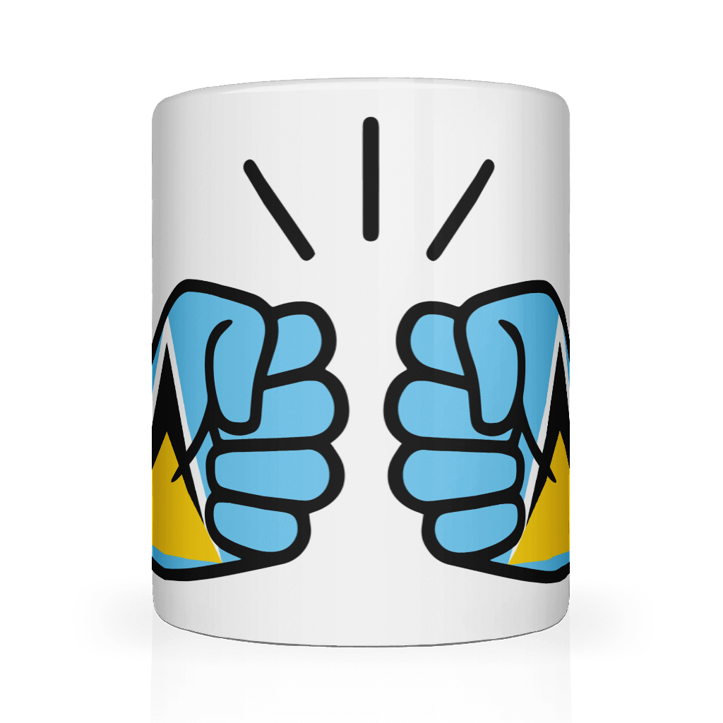 A white ceramic We Run Tings St. Lucia mug with a graphic design of two hands making a peace sign.