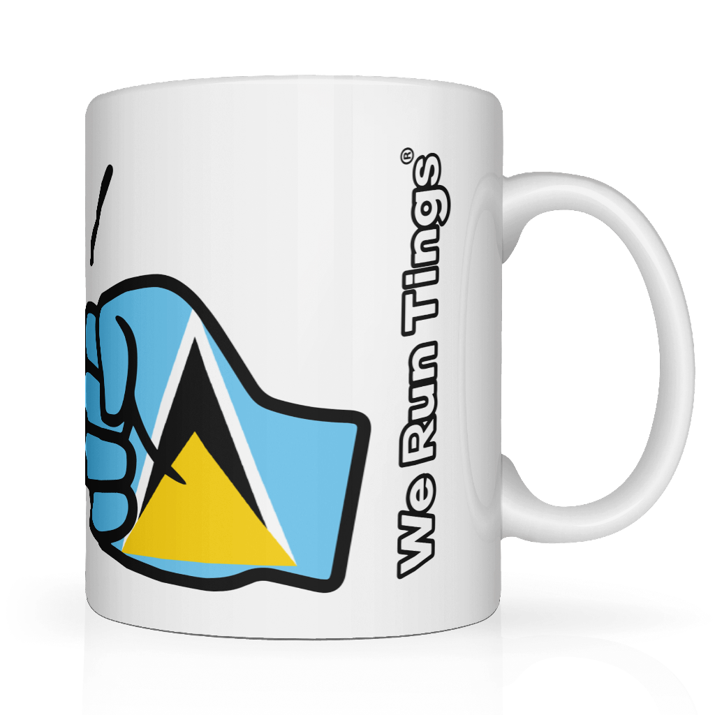 We Run Tings, St Lucia, St. Lucian Caribbean Themed, Tea, Coffee Ceramic Mug, Cup, 11oz Classic Drinkware Washable Reusable Reuse Glossy Tumbler Patriotic. Side view