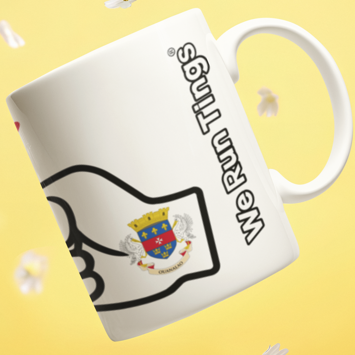 White mug with 'We Run Ting' text and logo of St Barts on a yellow background with white flowers