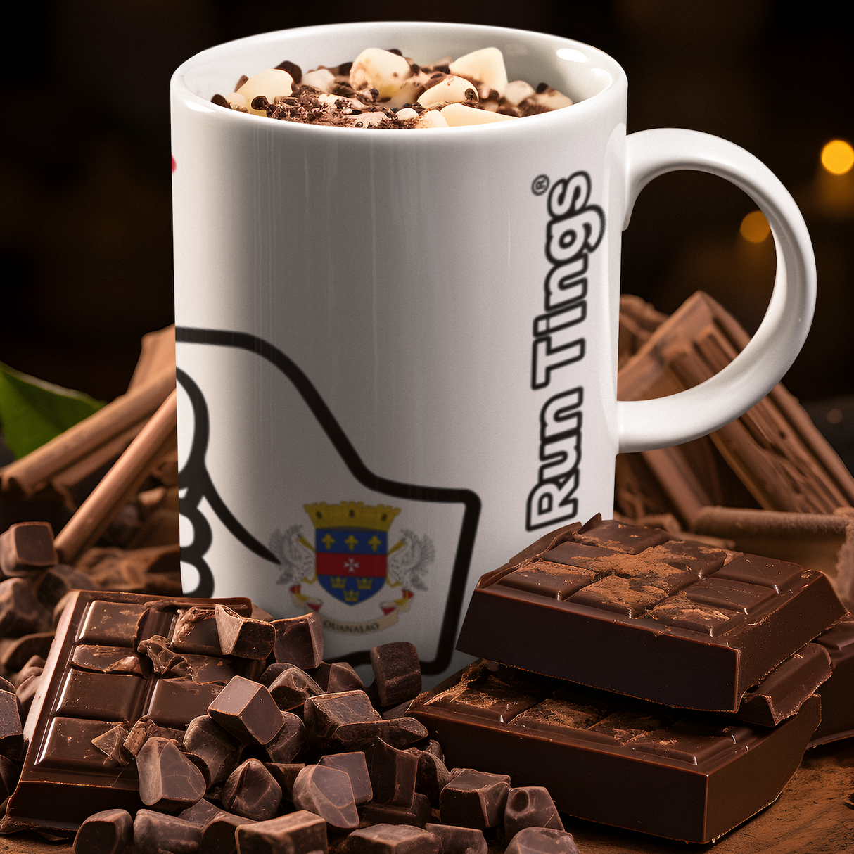 We Run Tings, St Barts, Caribbean Themed White mug with chocolate pieces and a logo on a wooden surface with chocolate bars and pieces.