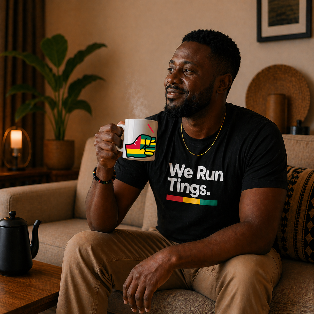 African Man sitting in a cozy living room holding a We Run Tings Togo Theme white ceramic coffee, tea mug with a colorful design.