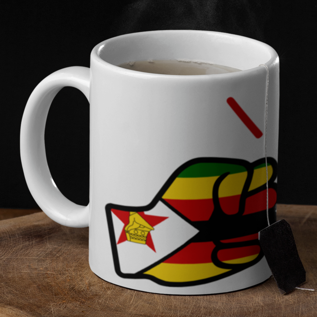 White We Run Tings, Zimbabwe theme mug with a colorful design on a wooden surface