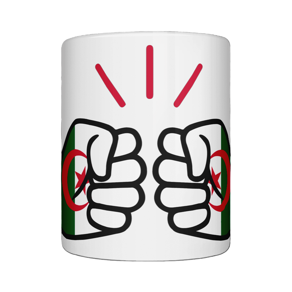 Glossy white ceramic mug featuring a patriotic We Run Tings logo with two fists displaying the flag of Algeria. Front view.