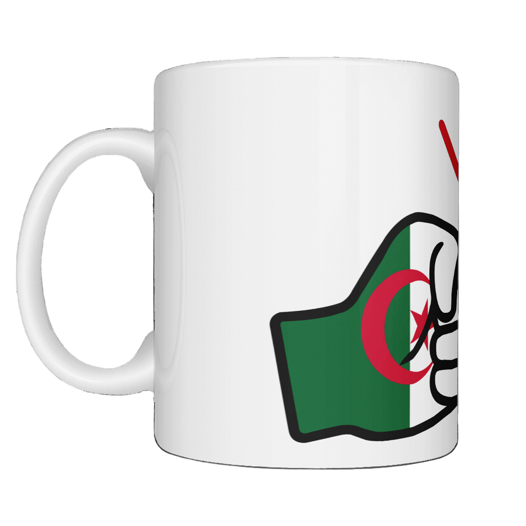 Glossy white ceramic mug featuring a patriotic We Run Tings logo with two fists displaying the flag of Algeria. Left view.