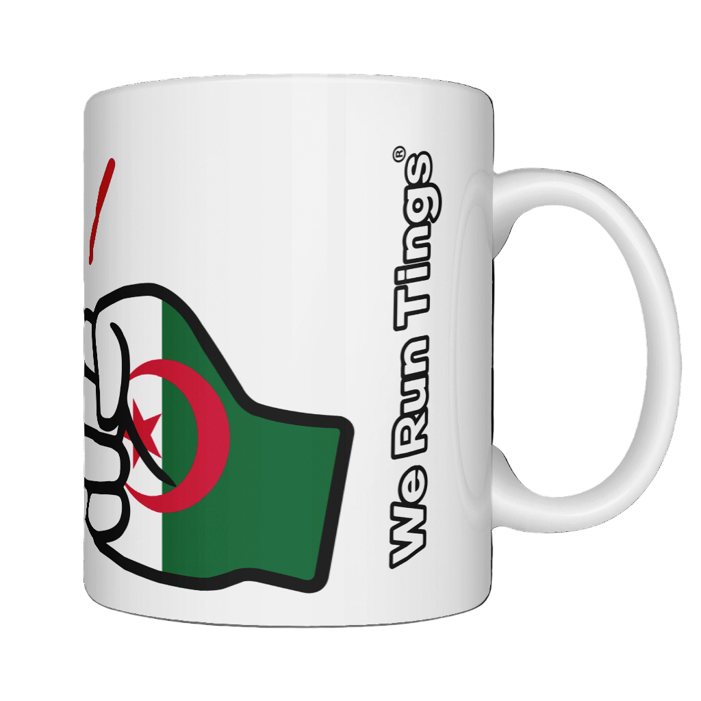 Glossy white ceramic mug featuring a patriotic We Run Tings logo with two fists displaying the flag of Algeria. Right view.
